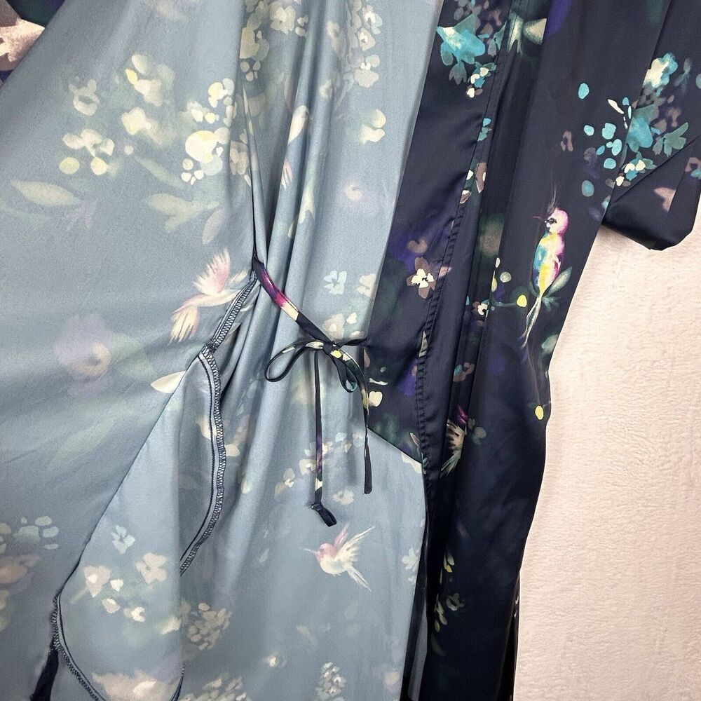 Soma Sensual Robe Wrap Kimono Floral Hummingbird Satin Boudoir Blue Size S/M - Picture 6 of 9